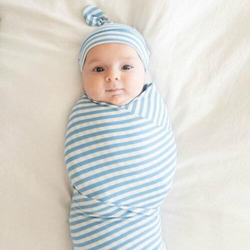 2Pcs/Set Newborn Fashion Baby Swaddle Blanket Knotted Tire Cap Infant Baby Boys Girls Cotton Striped Wrap Towel Soft Sleepsack