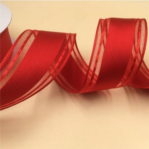 N2211 38MM X 25yards roll gift box wrapping wired stripes organza edges red grosgrain ribbon