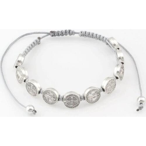 5 Pcs Zinc Alloy Saint St Benedict Medal ON Adjustable Grey Cord Bracelets 8 Inch B-42