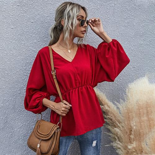 Puff Sleeve Blouse Top Women Casual V Neck Shirt Autumn Fashion Slim Blouse For Women 2021 New