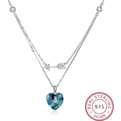 LEKANI Crystals Heart Pendants Necklaces Real 925 Silver Double Chain Collares For Women Wedding Fine Jewelry