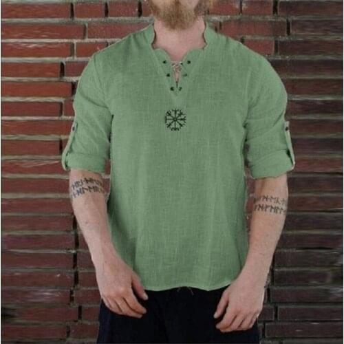 European Viking Pirate Medieval Costume Linen National Loose Blouse Tee Tops Men Knight Cosplay V-neck Long Sleeve Retro T-shirt