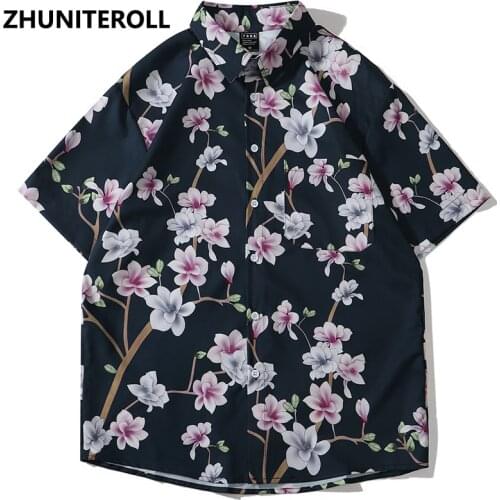 Harajuku 2021 Hawaii Shirt Hip Hop Streetwear Flower Print Beach Shirt Men Pocket Summer Short Sleeve Casual Fashion Clothing