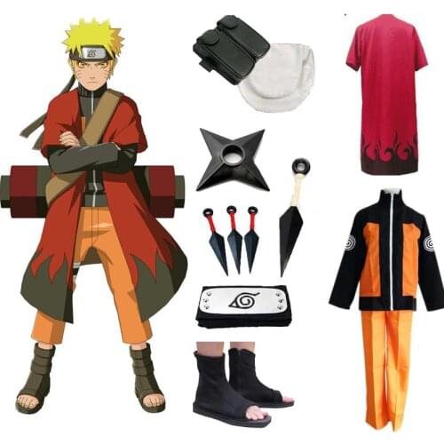 Hot Anime Naruto Cosplay Costumes Shippuden Uzumaki Naruto 2nd Outfit Uniforms Set with Cloaks Props Halloween Party Clothes