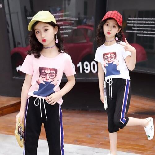 Kids Girl Clothes Sets Summer Short Sleeve Suit Sports Casual Two-piece Cartoon Round Neck Suit 4 6 8 10 12 Year Old