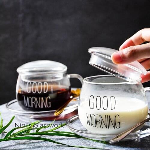 Creative breakfast milk cup heat-resistant cute office coffee glass cup with lid with mark water cup