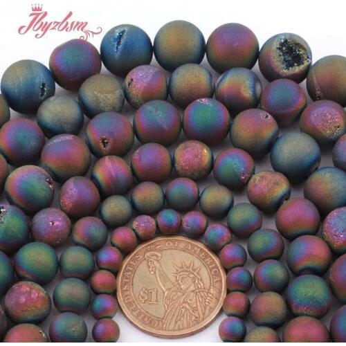 Round Multicolor Geode Agates Druzy Agates Natural Stone Loose Beas15" for DIY Accessories Women Men Jewerly Making 8.10.12.14mm