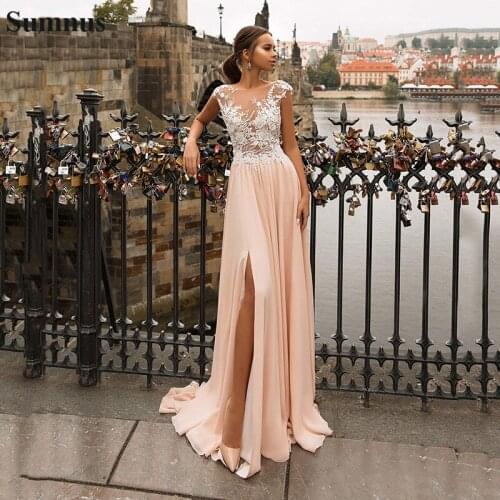 Sumnus Beach Wedding Dresses 2020 Sexy High Side Split Lace Applique Chiffon Bridal Dress Beach Cheap Bridal Gowns Custom