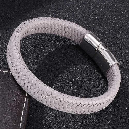 Fashion Men Jewelry Gray Braided Leather Bracelet 3 Colors Stainless Steel Magnetic Clasps Male Wrist Band Trendy Bangles Gifts