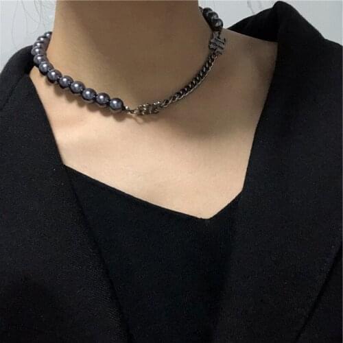 Black half pearl half chain choker necklace for women teen girls black chain clavicle necklace goth punk hip-hop jewelry 2021