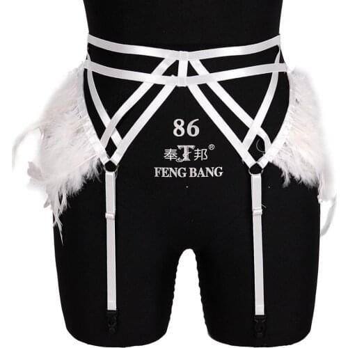 White Feather Garter Waist Harness Cage Punk Goth Sexy Body Bondage Party Dance Rave Women Strappy Plus Size Suspender Stocking