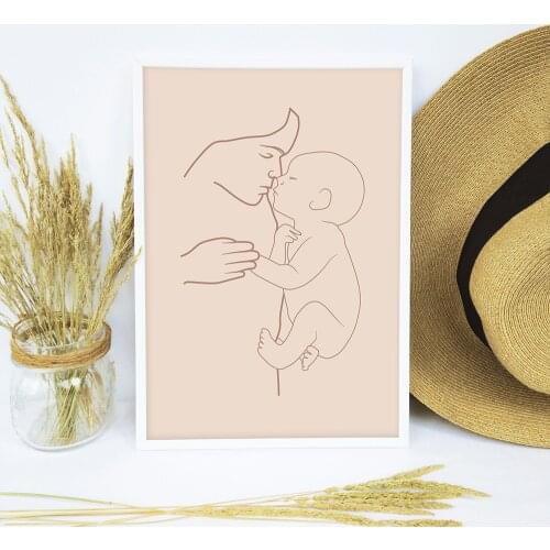 Mom With Baby Child Art Line Drawing Posters Abstract Minimalist Wall Art Canvas Print Painting Nursery Birth Motherhood Picture
