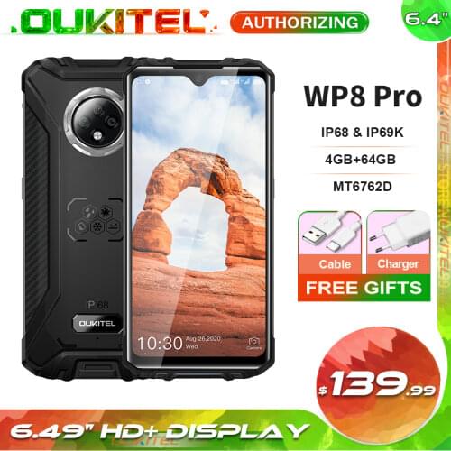 OUKITEL WP8 Pro 6.49'' HD+ Display MT6762D Octa Core Android 10.0 Mobile Phone NFC 4GB 64GB IP68 Waterproof Rugged Smartphone