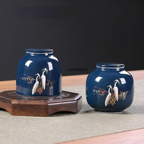 Traditional Chinese Retro Style Color Glaze Egret Blue Porcelain Tea Caddy Ceramic Tea Box Tea Storage Container