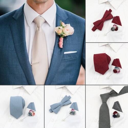 Solid Color 7cm Cotton Tie Bowtie Rose Brooch handkerchief Set Mens Romantic Wedding Party Tuxedo Suit Gift Cravat Accessory