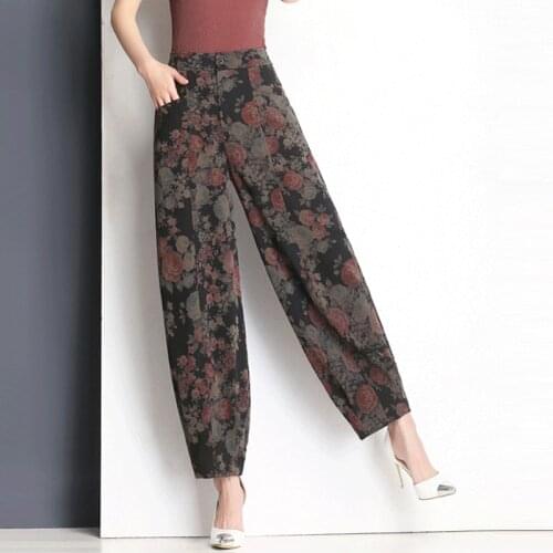 Spring Summer Vintage Womens High Waisted Wide Leg Harem Ankle Length Pants , Fall Casual Woman Floral Printed Trousers