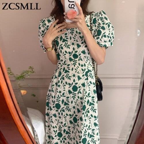 ZCSMLL Korean elegant square collar full floral printing green dresses lace-up waist slimming puff sleeve mid-length dress women