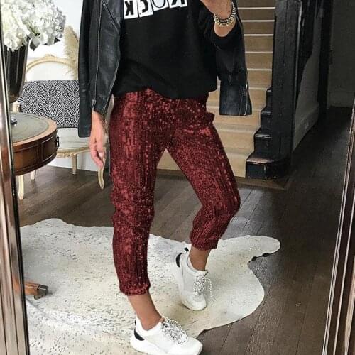 2021 Autumn Winter Women Loose New Sequin Pants Calf-Length Pants Casual Sequins Glitter Elastic Waist Solid Pencil Pants Woman