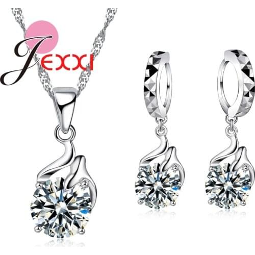 Unique Ladies Cubic Zirconia Elegant Pendant Necklace Dangle Earrings Appointment Women 925 Sterling Silver Jewelry Sets