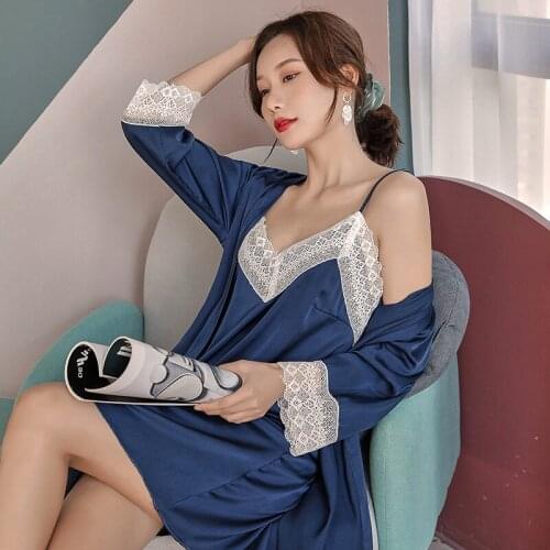 Ice Silk Womens Robe 2PCS Sexy Deep V-Neck Kimono Gown Wide Lace Thin Patchwork Sleepwear Loose Strap Mini Nightdress With Belt