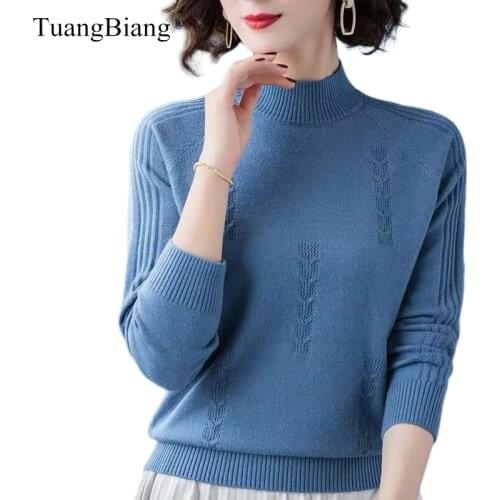 2020 Long sleeve Hollow out Soft pullovers elastic Slim Ladies Half Turtleneck sweaters Women Solid color Ribbed Elastic Jumpers