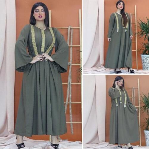 Women Muslim Long Dress Kaftan Casual Sequins Tassel Abaya Islamic Arabic Maxi Robe Gown Ramadan Middle East Gown O-neck Fashion
