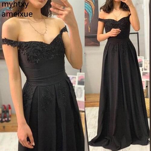 Pluys Size Shoulder Black Champagne Long Prom Dress Appliques A-line Women Formal Party Floor Length Robe De Soiree New 2020