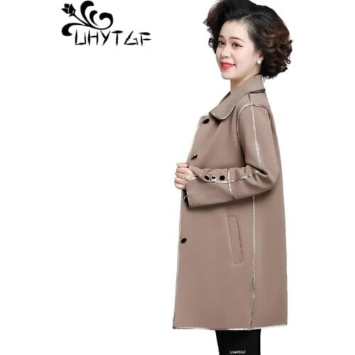 UHYTGF Fashion Women Coat 202 Long Sleeve Wild Casual Spring Autumn Trench Coat Elegant Mother Loose 5XLPlus Size Outerwear 1496