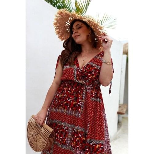 V Neck Retro Floral Print Womens Dresses Bohemian Short Sleeve Loose Female Spring Clothes Elegant Plus Size Vestidos Mujer