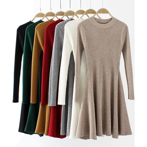 Winter A Line Sweater Dress Women Autumn Round Neck A-Line Thick Knit Mini Dress bodycon female Robe Warm Pleated Dresses