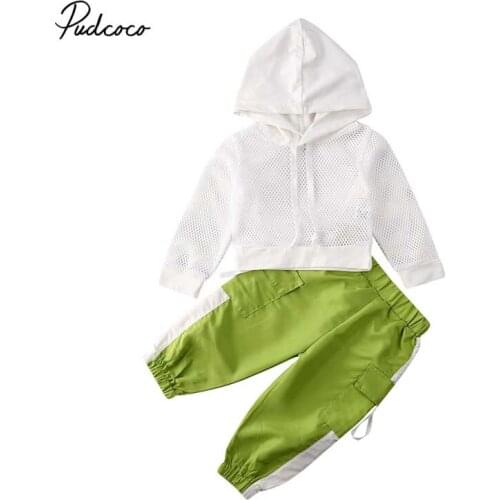 2020 Baby Clothing Toddler Kids Baby Girls Hooded Tops Mesh Net Hooded T-shirt Long Pants Outfits Set Tracksuit 18M-6T