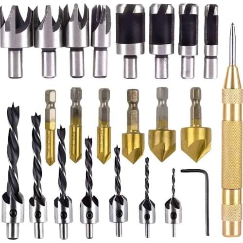 New 23-Pack Woodworking Chamfer Drilling Tool Countersink Drill Bits Wood Plug Cutter and Automatic