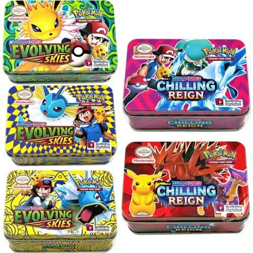 42 Pcs Pokemon Cards Iron Metal Box GX Trainer Card Toys Battle Styles Game Chilling Reign Cartoon For Kids Christmas Gifts