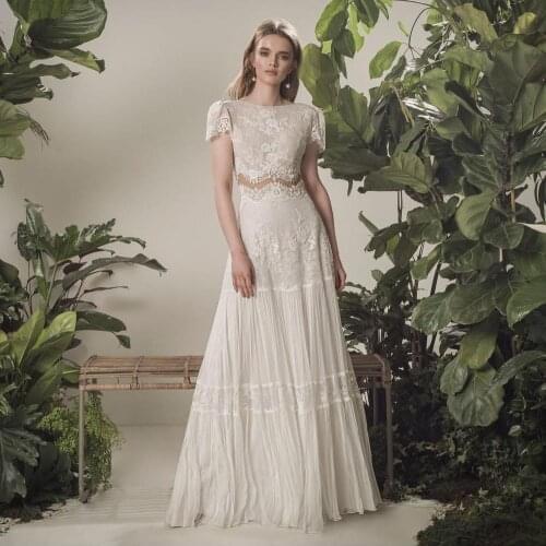 Bohemian Wedding Dress 2021 Two Pieces 2 Shorts Sleeve Floor Length Beach Bridal Gown Simple Chiffon For Women High Quality