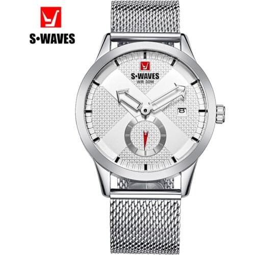 SWAVES Quartz Men Watch Stainless Steel Sports Waterproof Unique Wristwatch Mens Casual Silver White Date Relogios Masculino