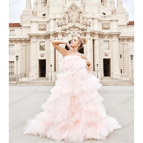 Strapless Blush pink Sweet 16 Dresses Tiered Ruffled Sweep Train Evening Prom Gowns Custom Made Tulle Party Dress