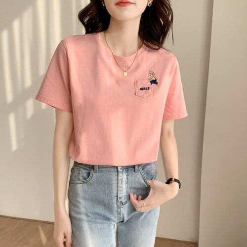 Short Sleeve T Shirt Women Cotton Pink Tops Summer Tees Embroidery T-Shirt Woman Casual Fashion Bear White Tshirt Femme 2021