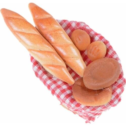 6Pcs/set Kitchen Toys Strip Bread with Basket Miniature Models For Doll House 1/12 Simulation of Bread Pretend Play Toy