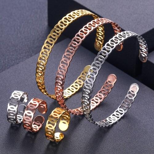 Janekelly luxury Unique African Bangle Ring Set Jewelry Sets For Women Wedding Cubic Zircon Crystal CZ Dubai Bridal Jewelry Set