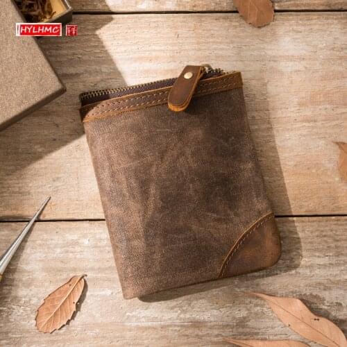 Retro Crazy Horse Skin Short Canvas Wallet Mens Leather Zipper Head Layer Cowhide Japanese Handmade Wallet Literature and Art