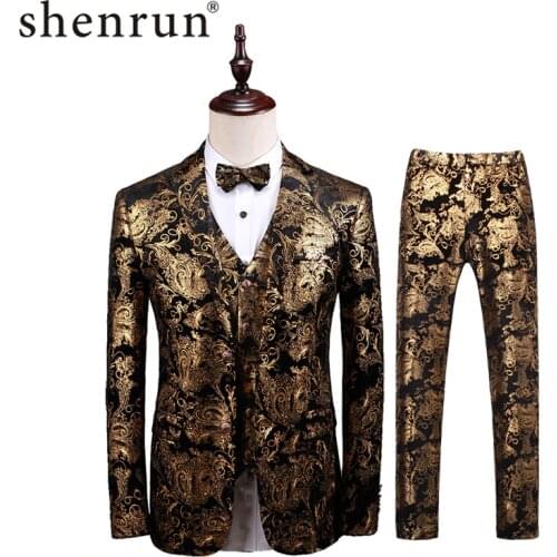 Shenrun Men Gold Pattern Suits Slim Fit Tuxedos For Wedding Floral Casual Suit Jacket Vest Pants Party Prom Dress Stage Costume