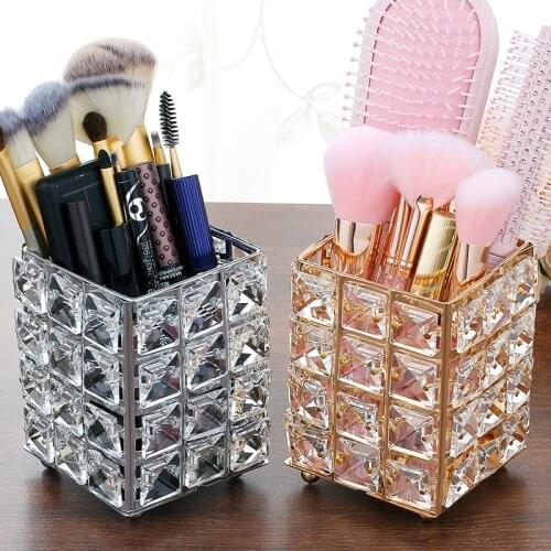 Square Metal Crystal Makeup Organizer Box Jar Brush Sorting Storage Tube Gold Jewelry Cosmetic Tool Holder Desktop Ornaments