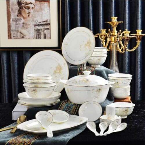 46piece set, fine bone china dinnerware sets, porcelain bento, party dinner plate, buffet-dishes for serving, gold line design