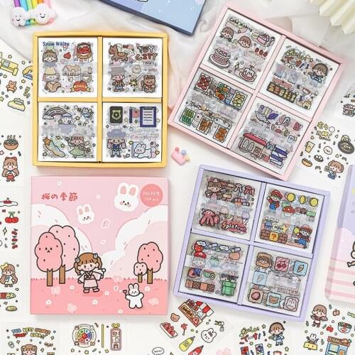 100sheets Kawaii Girls PVC Stickers For Scrapbooking DIY Luggage Journal Cell Phone Animals Cartoon Decorative Material Paper