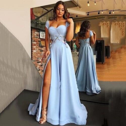 Sky Blue Evening Dresses Sexy High Side Split Sweetheart Formal Prom Dresses Appliques Evening Gowns Cap Sleeve robes de soirée
