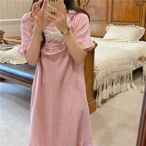 Pink Bow Square Collar Summer Nightgown Women Korean Short Sleeve Cotton Long Sleepwear Loose Sweet Casual Homewear Kawaii