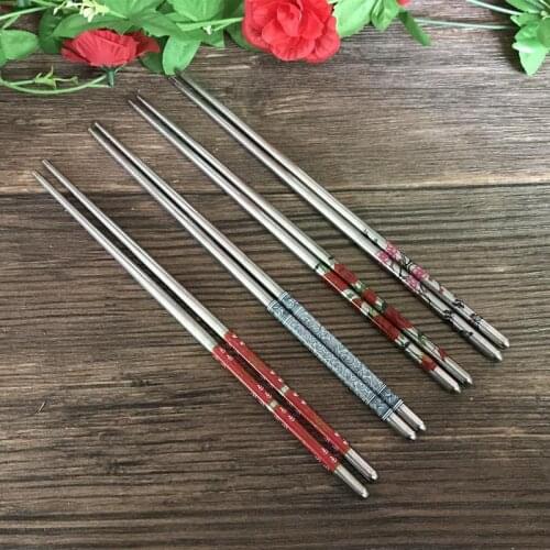 New 1 Pair Stainless Steel Chopsticks Length White Flower Patters Food Sticks Portable Reusable Chopsticks 23 cm SDF-SHIP