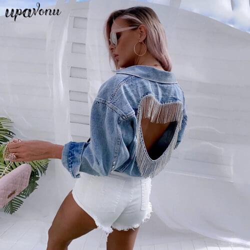 Fashion Womens Denim Jacket Fashion Lapel Long Sleeve Back Hollow Love Heavy Industry Tassel Rhinestone Denim Short Jacket