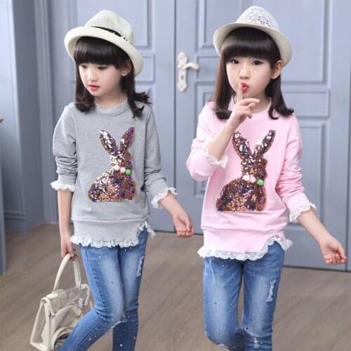 Spring And Autumn Girls School Blouses Children Lace T-shirt Kids Fashion Cotton Sequins Cartoon Rabbit Pattern O-Neck Shirts