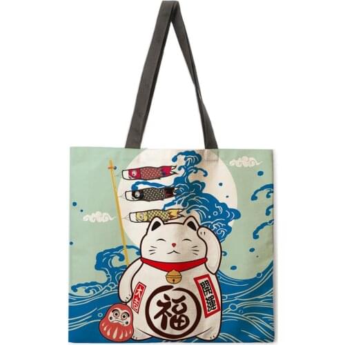 Lucky cat print tote bag reusable beach bag linen casual womens shoulder bag foldable shopping bag